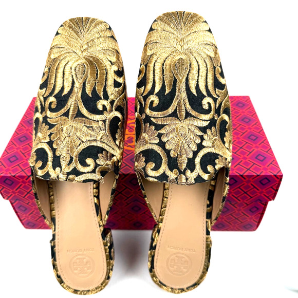 Tory Burch Gold Embroidered Brocade Mules Slip-On Flats Elegant Chic Designer 9 - Picture 1 of 10